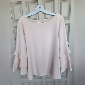 Calvin Klein Pullover SzL Ruffle Sleeve Pale Pink Poly/Spandex Round Neck Fem